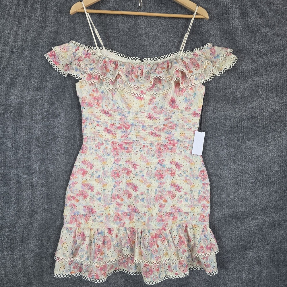 NEW ASTR The Label Mini Dress L Una Floral Eyelet Lace Coquette Ivory Pink Girly - Picture 2 of 9